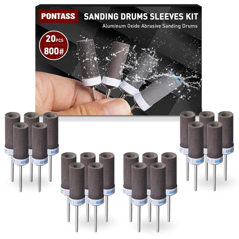 PONTASS 20Pcs 800 Grit Sanding Drums Sandpaper Sticks Set with 1/8"(3mm) Shank for Dremel Rotary Tool, Suitable for Metal Rust Removal/Jade Polishing/Stone Grinding - Image 1